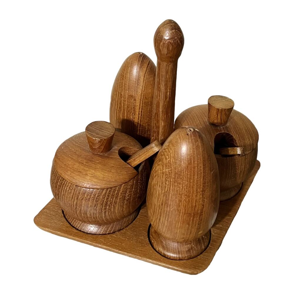 Genuine Burma Teak Condiment Set With Tray Salt & Pepper Shakers & Seaso…